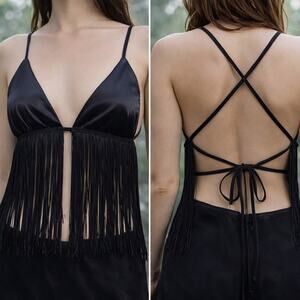 Black Fringe Halter Tie Back Crop Top Open Back Festival Y2K Medium Boho Cowgirl